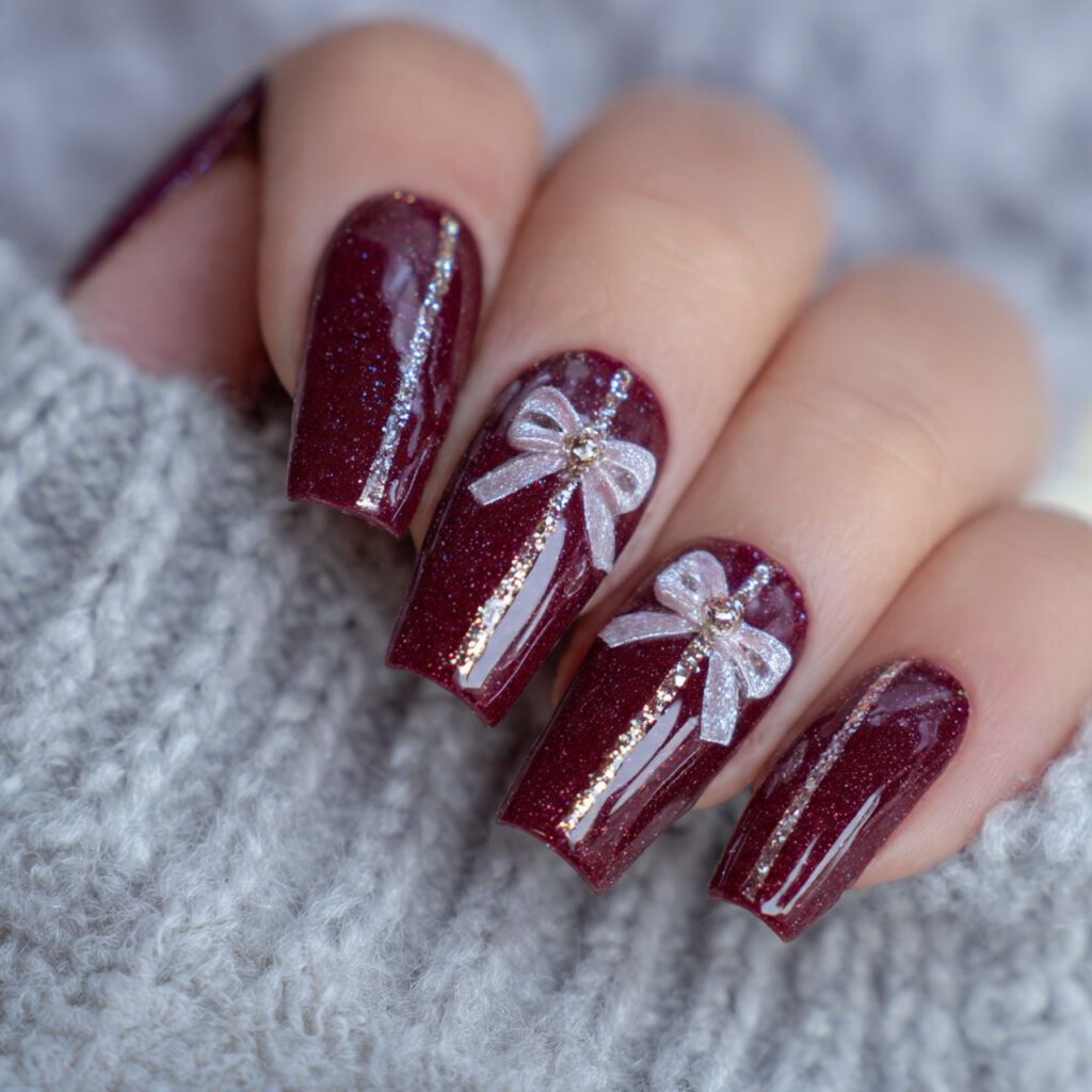 27 Burgundy Winter Nails That Feel Cozy, Rich, and Chic 18 sparkling ribbon burgundy winter nails feel festive