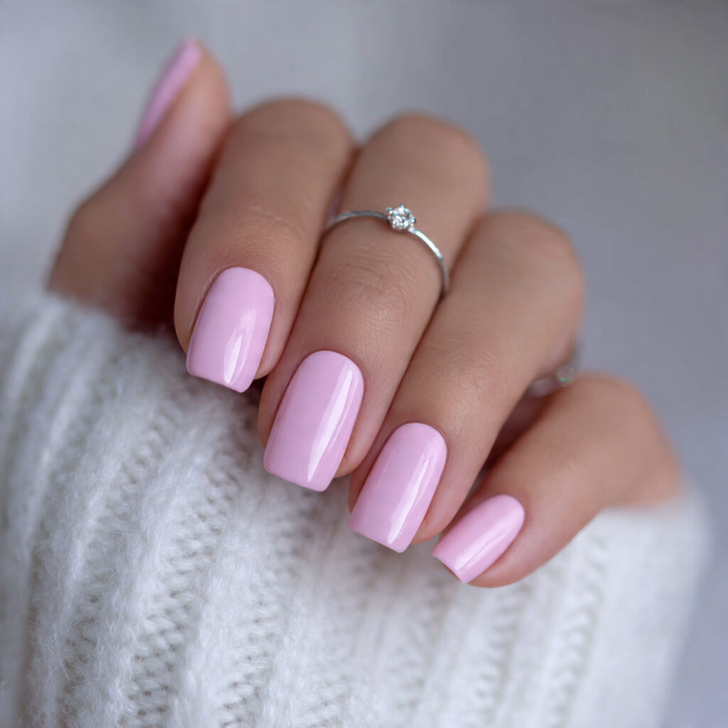 square pink nails with clean finishes
