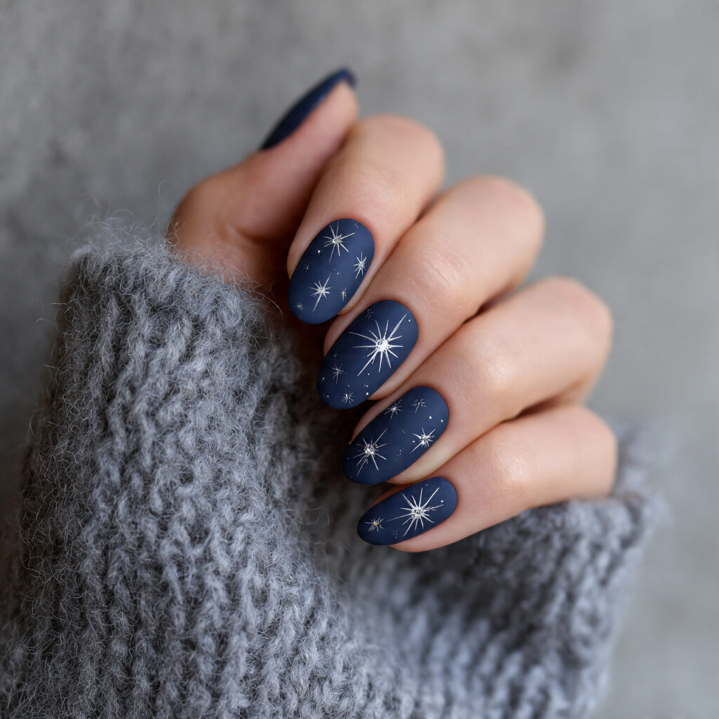27 Navy Blue Winter Nails That Feel Cozy, Bold, and Chic 17 starry night matte navy blue nails feel