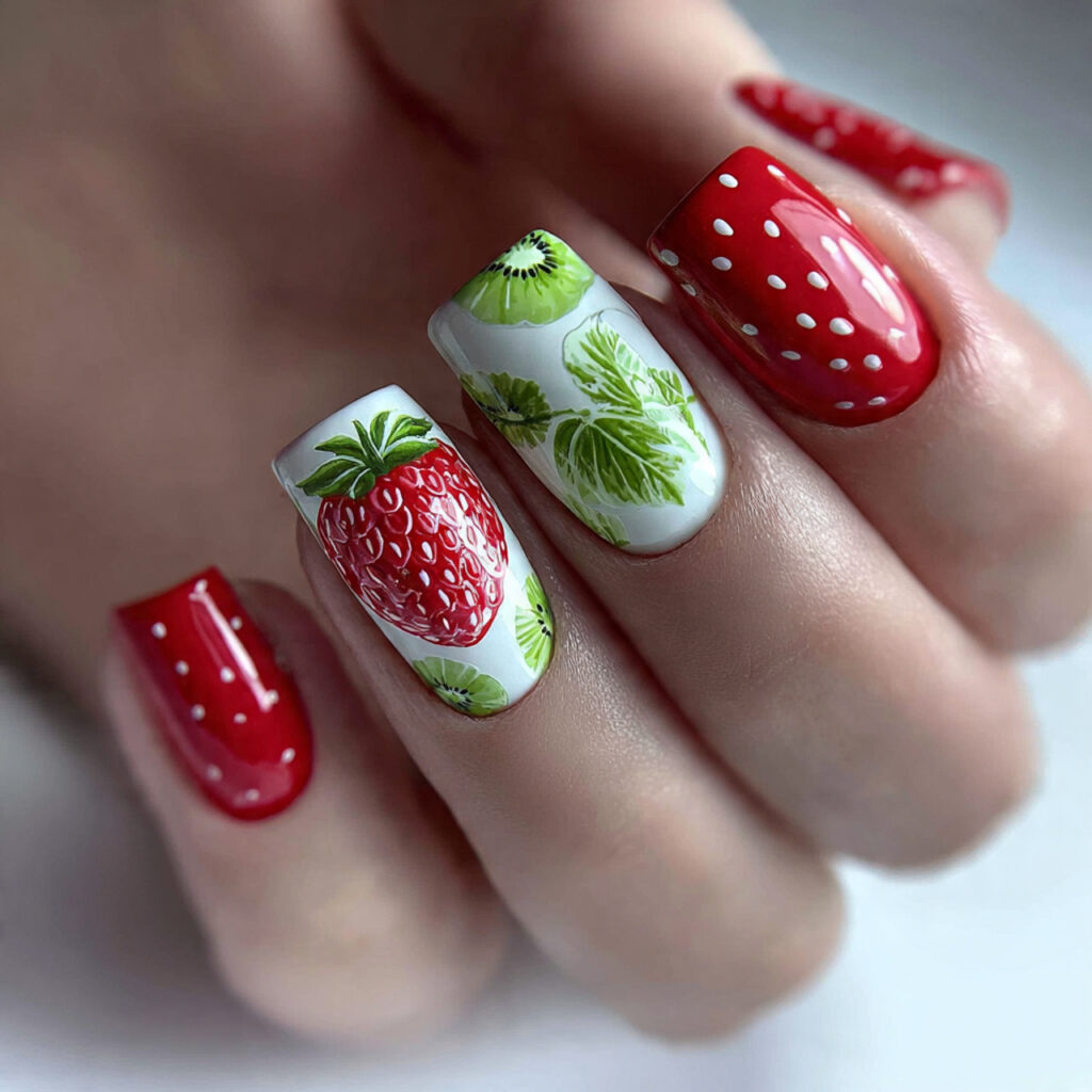 25 Fruit Nail Ideas for a Fresh, Fun, and Colorful Look 16 strawberry kiwi nails mix red green and