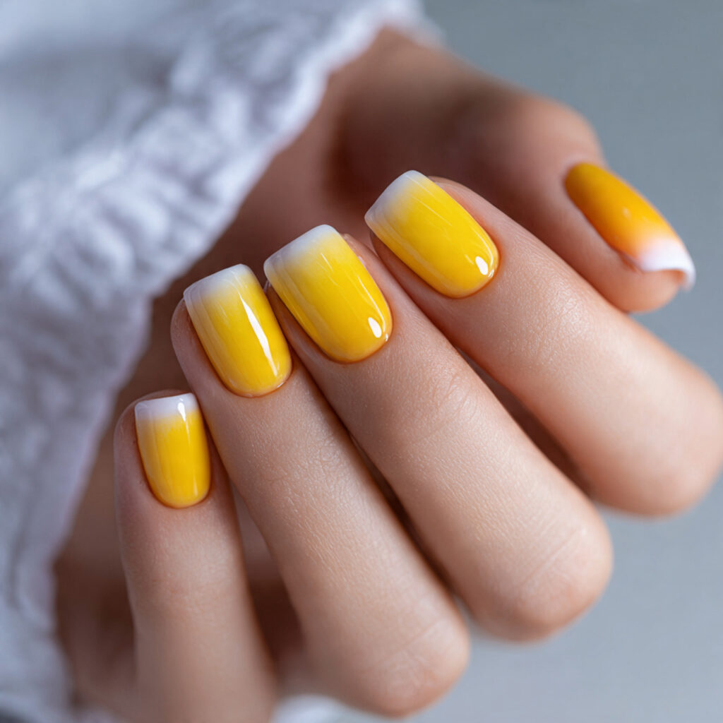 20 End of Summer Nail Color Ideas for a Cute Fresh Look 7 sunset yellow nails are cheerful and sunny