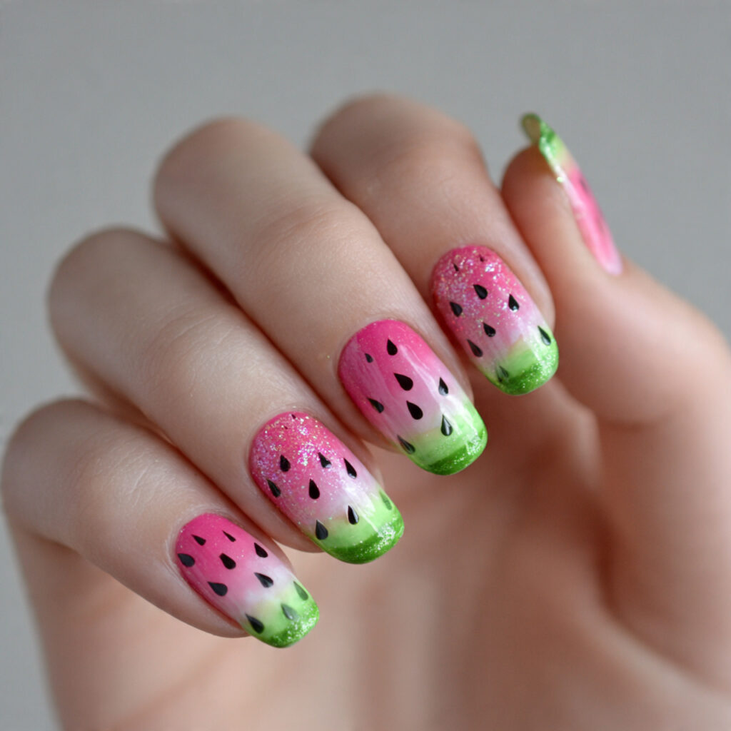 25 Fruit Nail Ideas for a Fresh, Fun, and Colorful Look 3 watermelon nails mix pink green and black