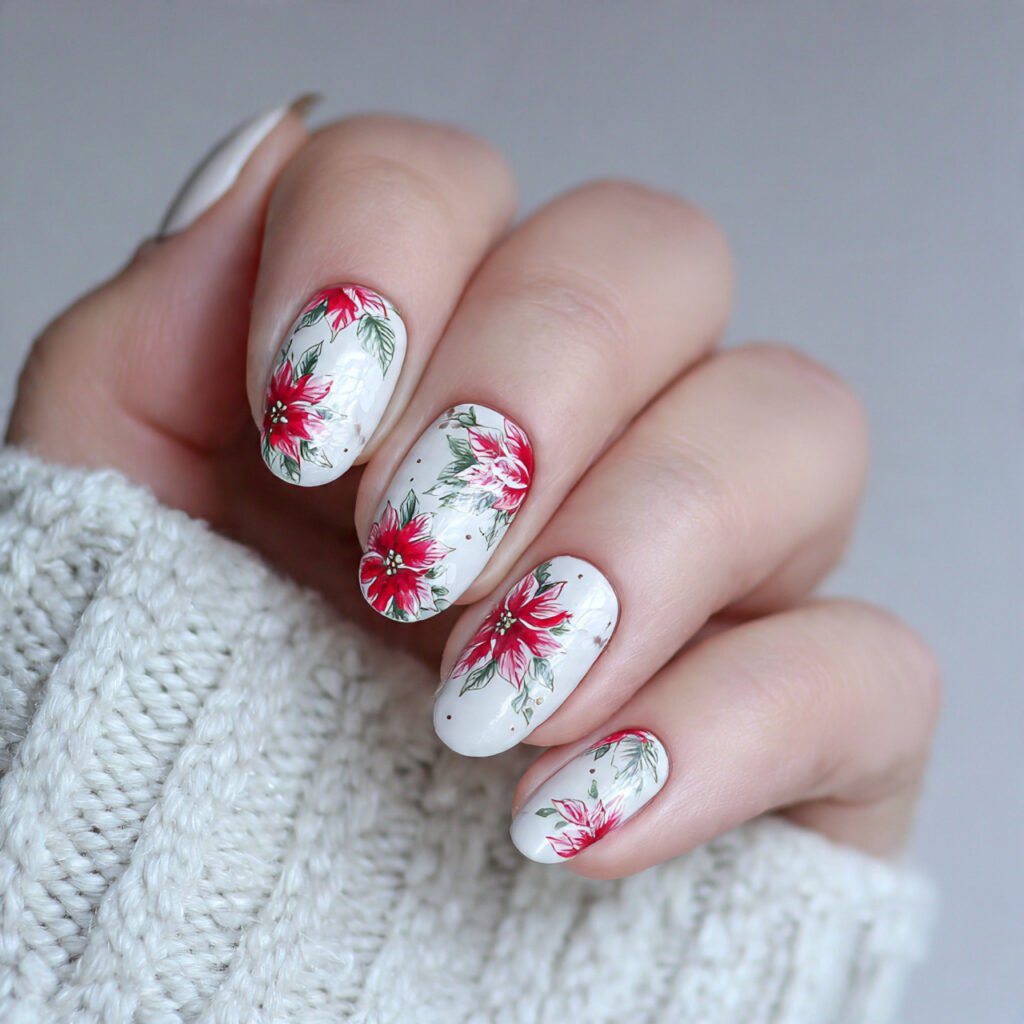 white canvas poinsettia nails feel clean and