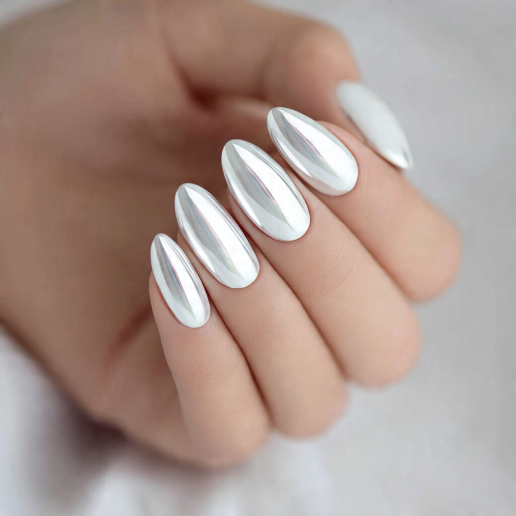 20 Wedding Nail Ideas Every Bride Will Love for Her Big Day 9 white chrome nails offer a sleek and