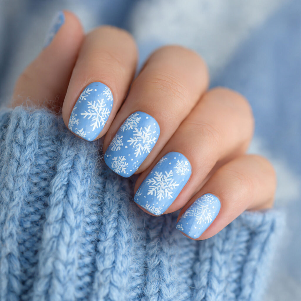 white snowflake designs on a soft blue