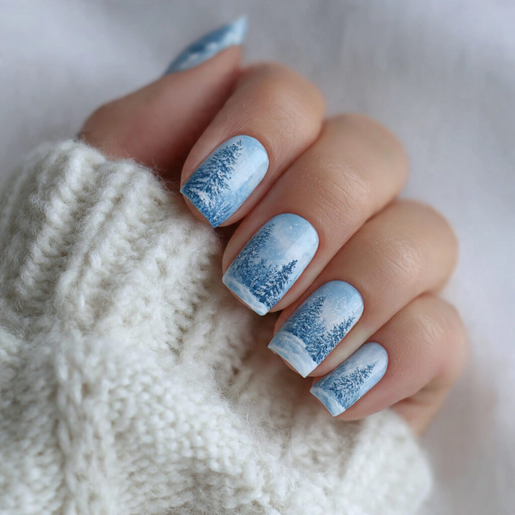 winter forest scene light blue nails feel