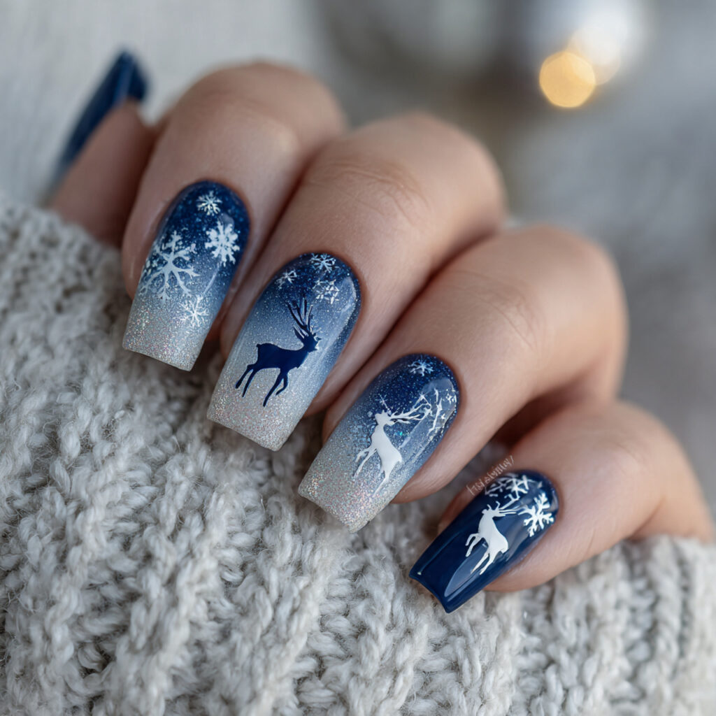 27 Navy Blue Winter Nails That Feel Cozy, Bold, and Chic 7 winter reindeer ombre navy nails feel playful