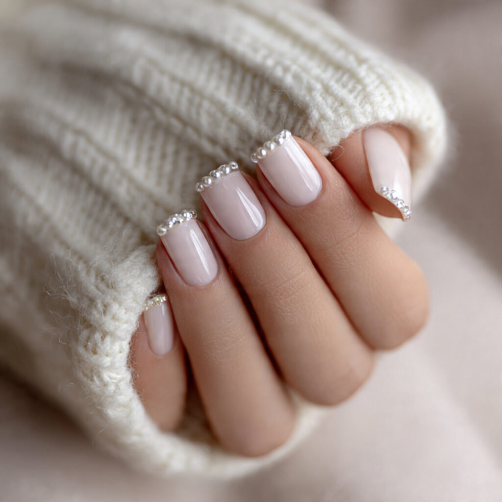 winter square nails with pearl accents feel