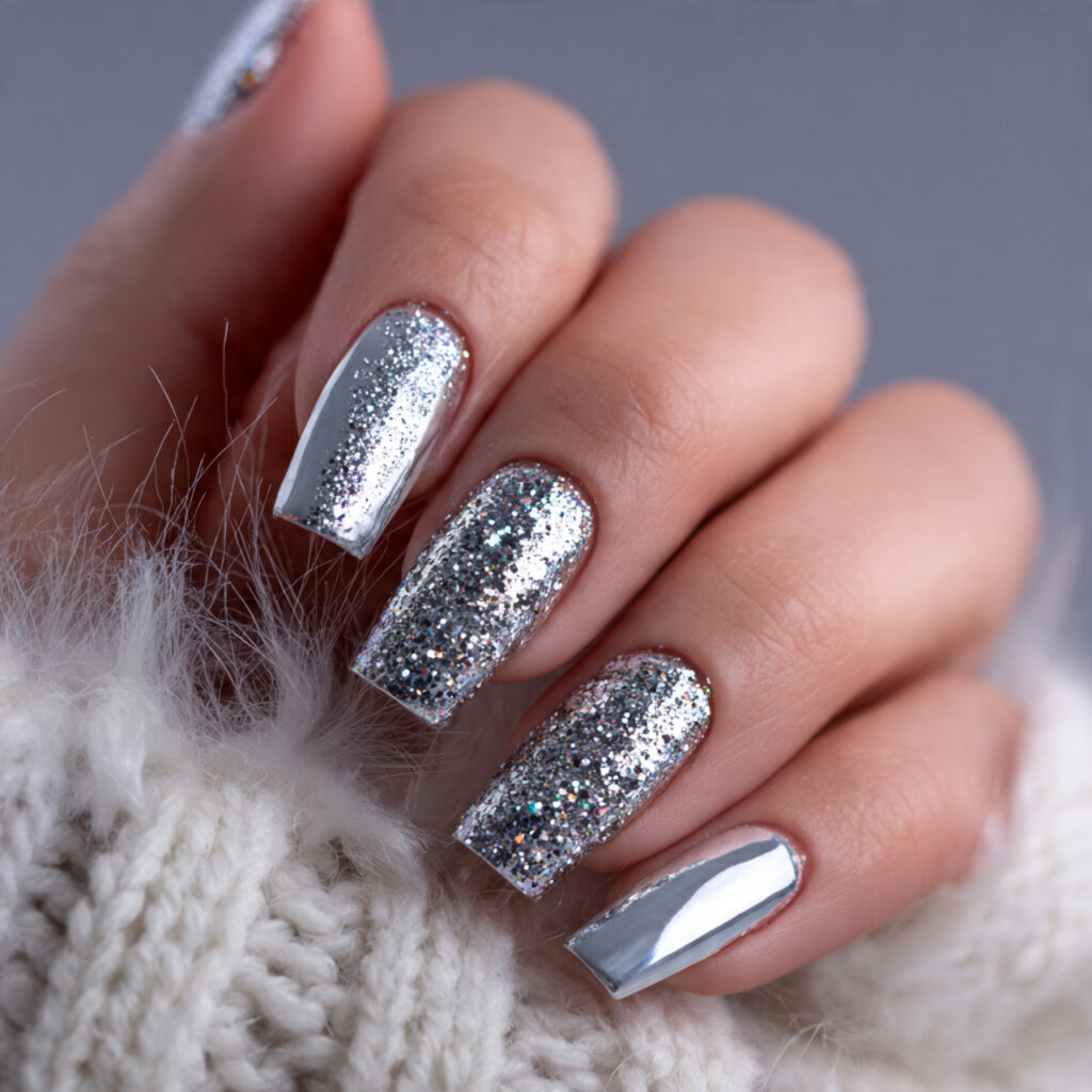 winter square nails with silver accents silver