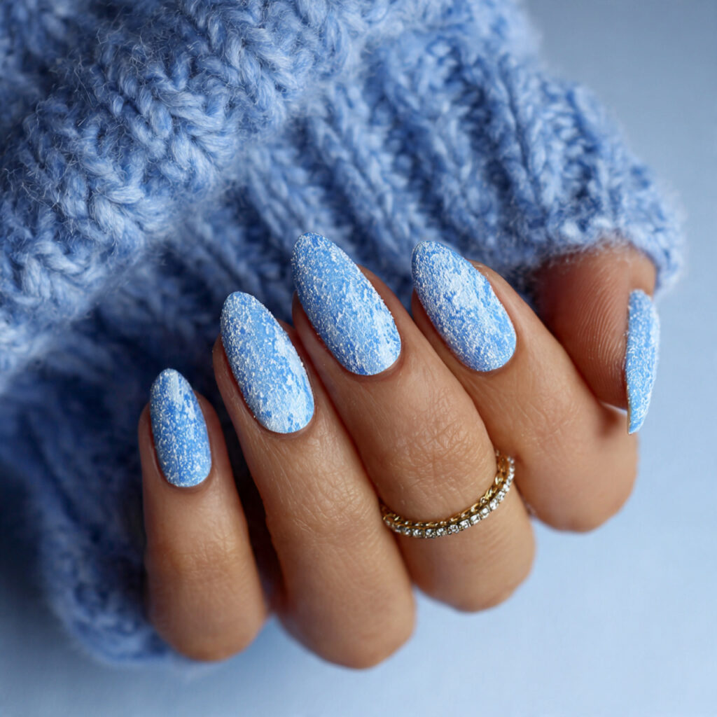 winter velvet nails feature soft textured blue