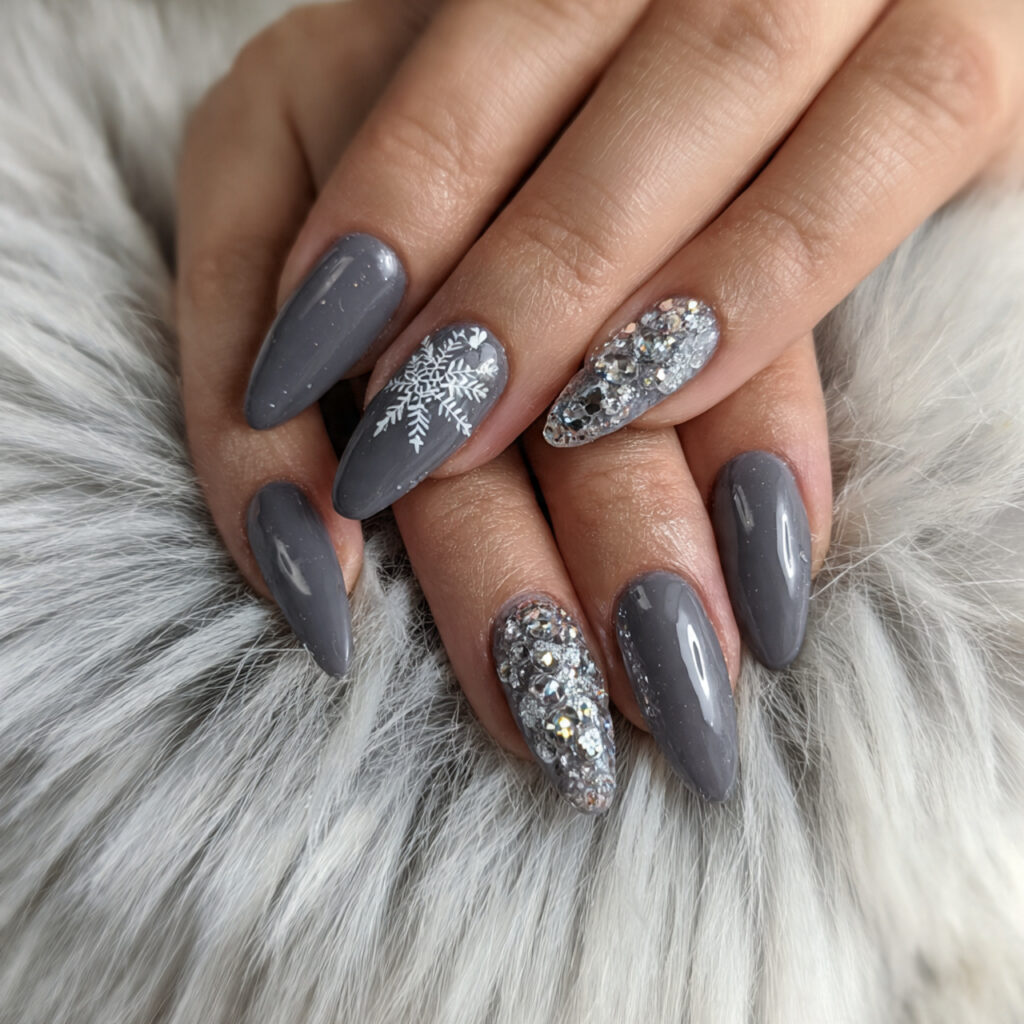 27 Gray Winter Nails That Feel Cozy, Chic, and Cool 18 winter wonderland glam gray nails feel magical