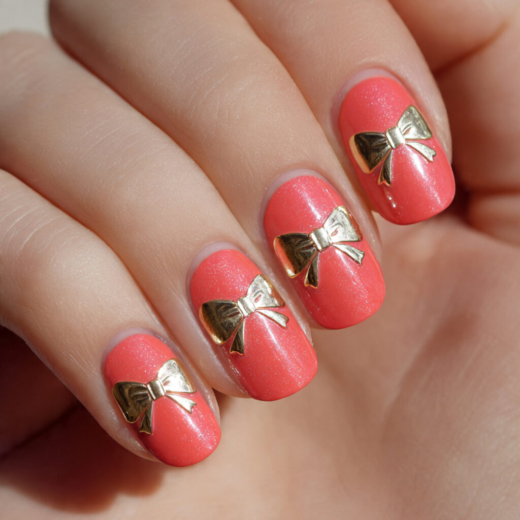 16 coral pink with gold bow accents