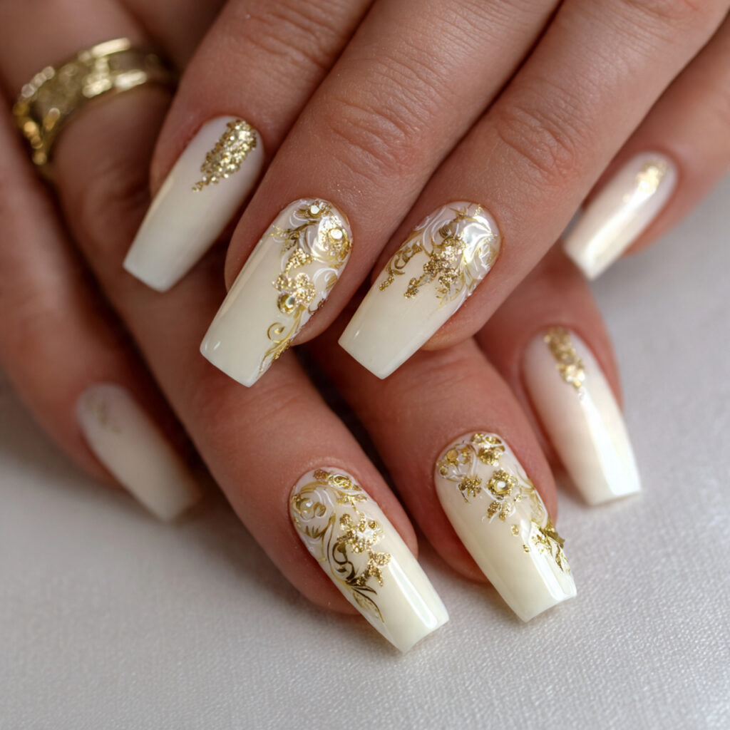 25 February Nails Feminine Ideas That Look Soft and Stylish 17 16 cream and gold nails