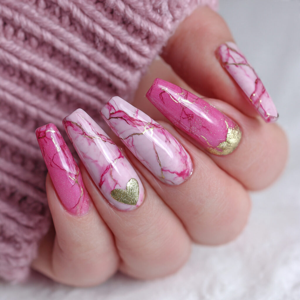 20 marble pink coffin valentine nails
