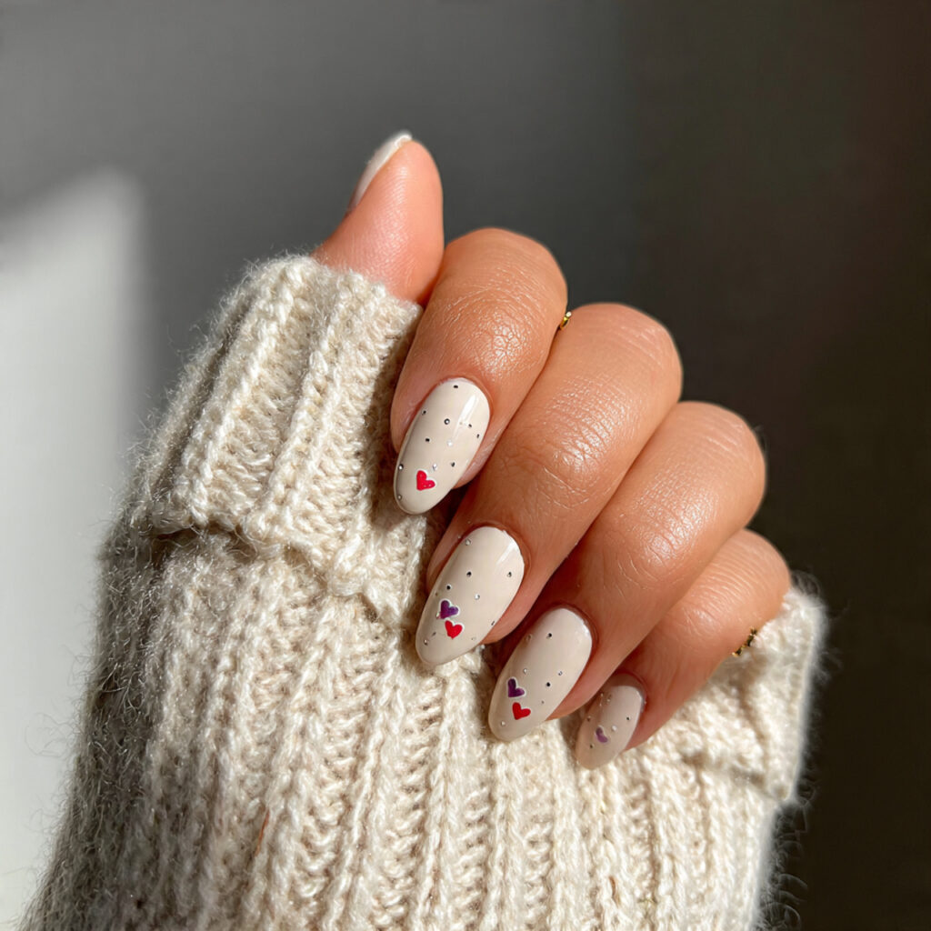 23 cream nails with tiny double heart