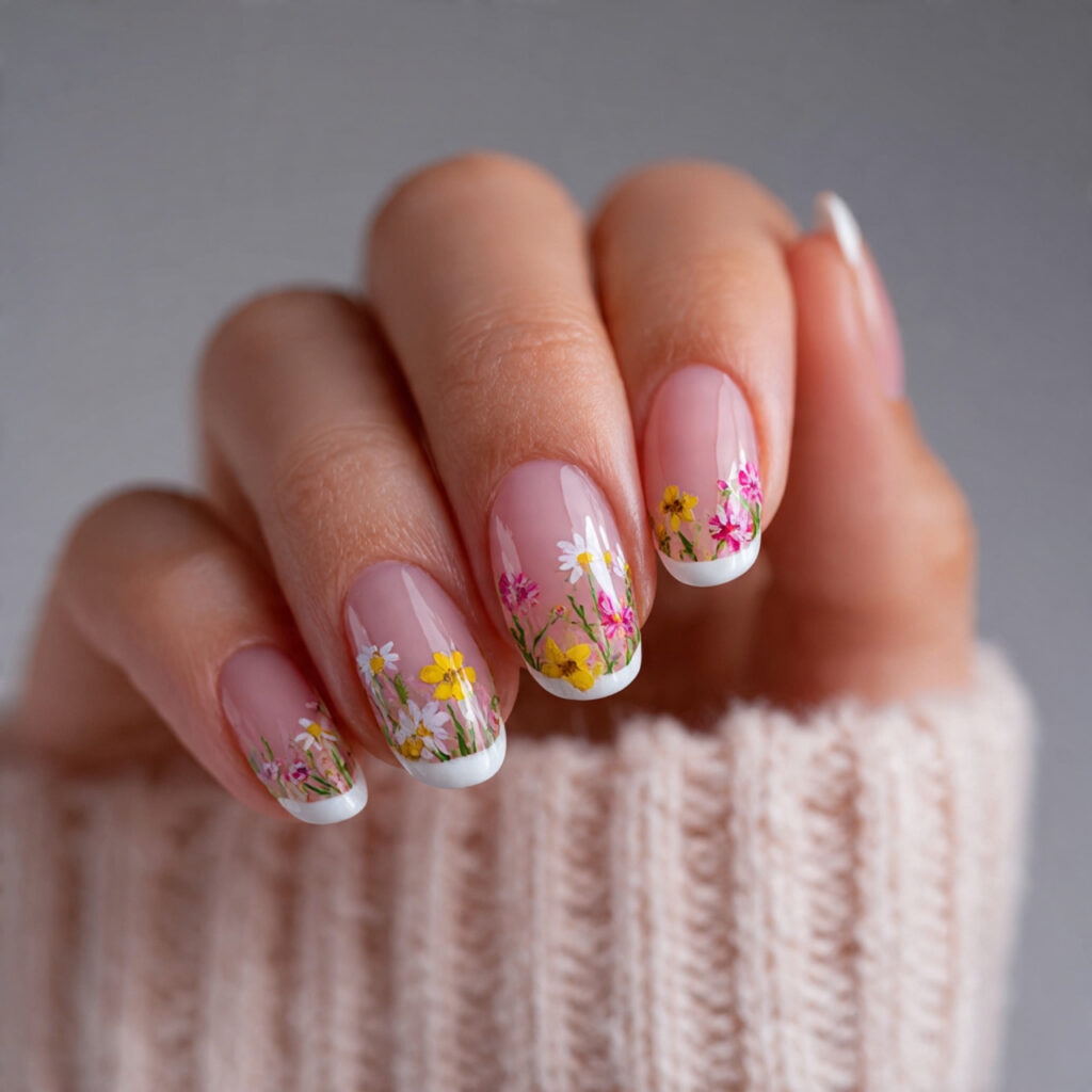 7 wildflower nails with soft french tips