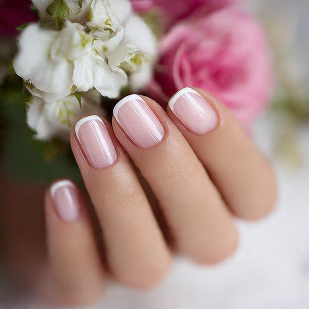 a classic french manicure becomes a romantic