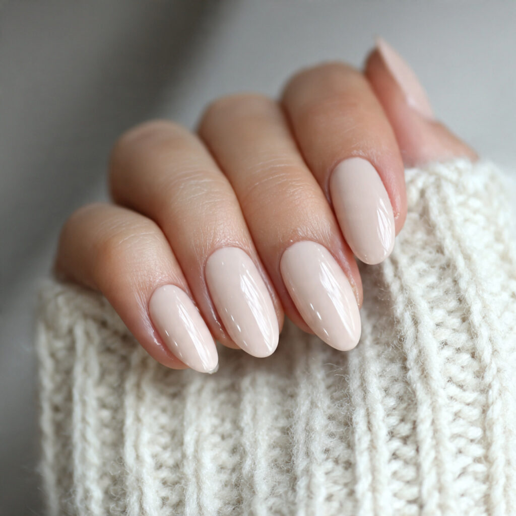 a manicure with creamy almond gloss nails