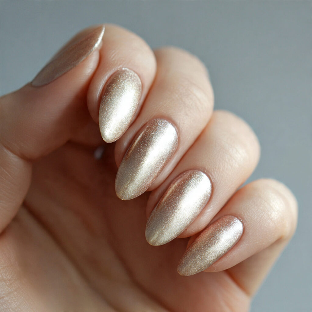 a nail with a champagne shimmer polish