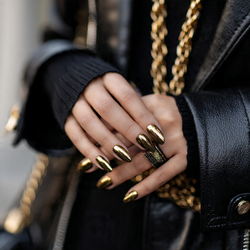 25 Leo Nail Ideas That Are Bold, Glam, and Confident 10 a person wearing a black outfit with