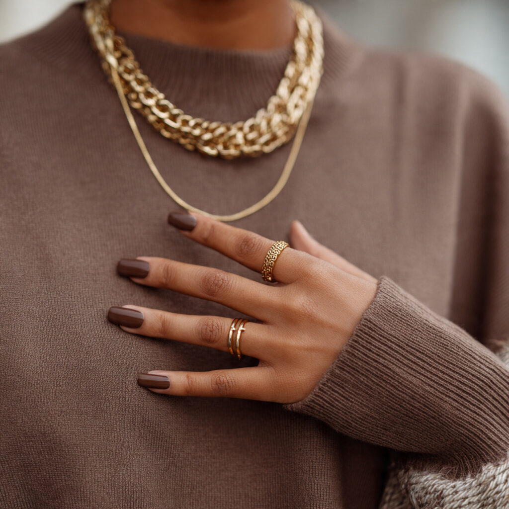 a person wearing a gold necklace and