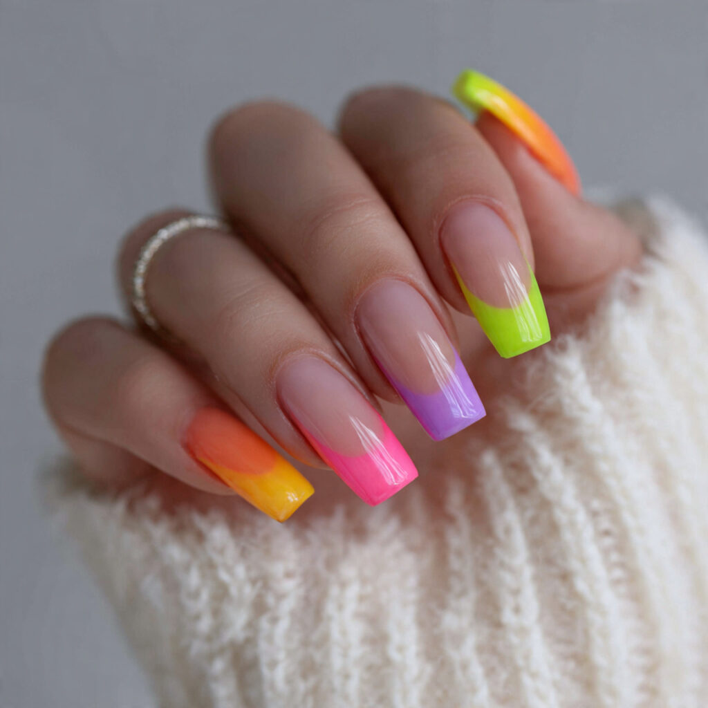 a person wearing a neon multicolor tips