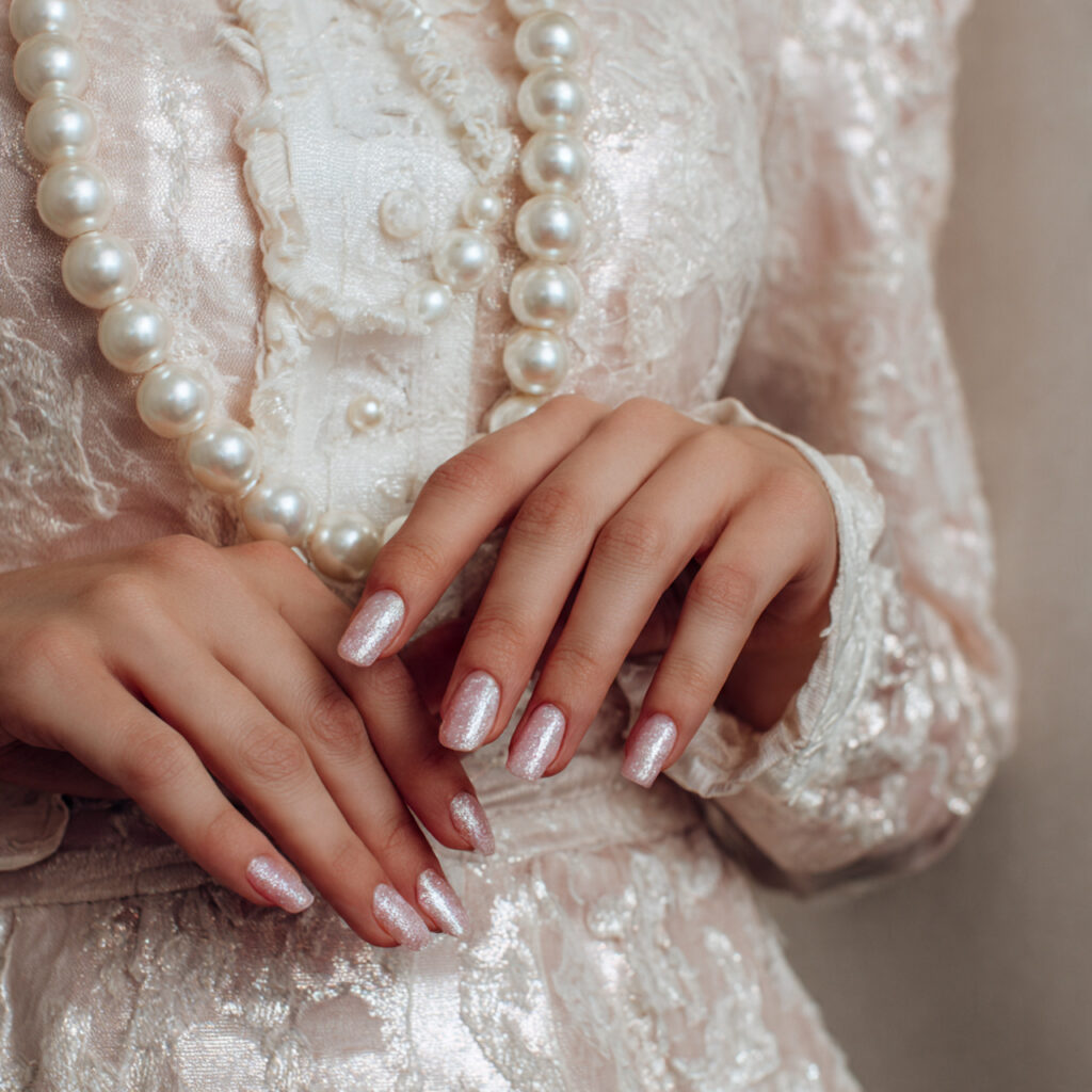 a person wearing a pearl necklace and