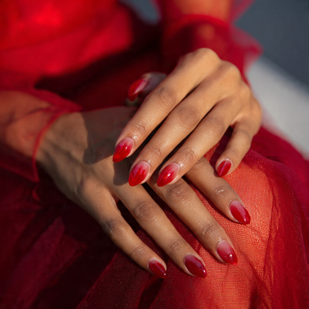 a person wearing a red dress with 1