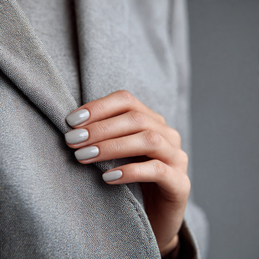 27 Work Friendly January Nails That Look Clean & Elegant 9 a person wearing a suit with light