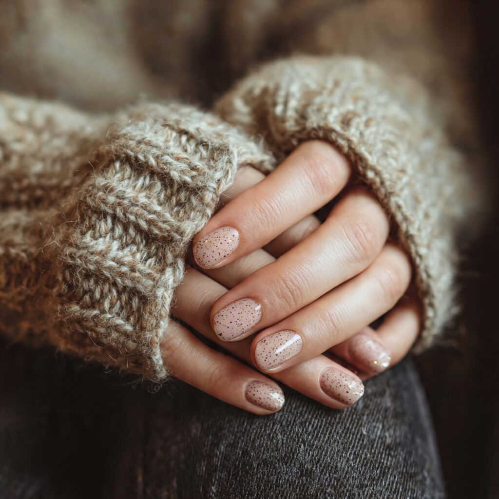 26 Neutral Valentine Nails for Short and Cozy Styles 11 a person wearing a warm and cozy