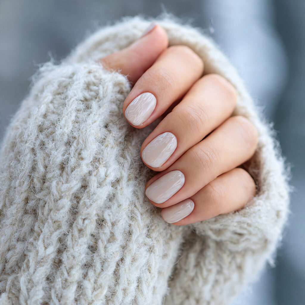 a person wearing gloves with neutral colored nails