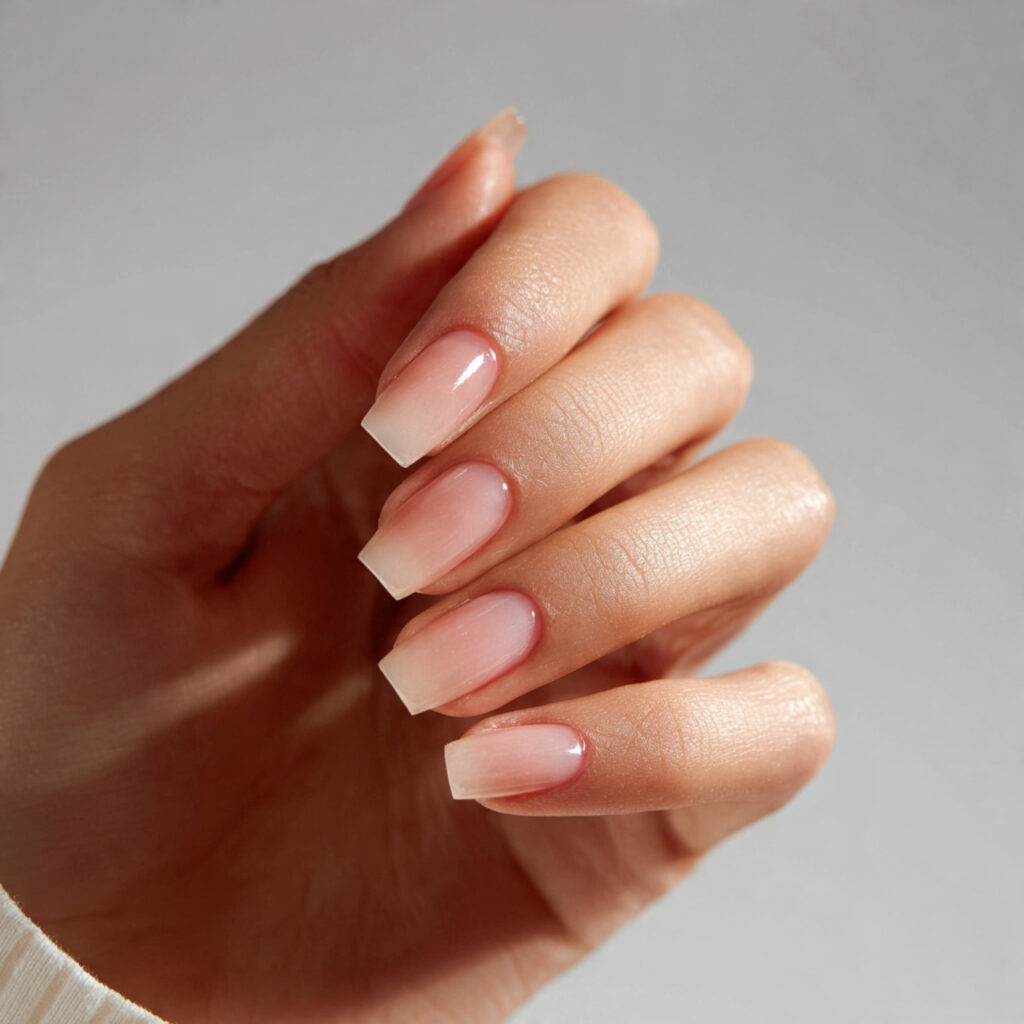a person with sheer polished nails