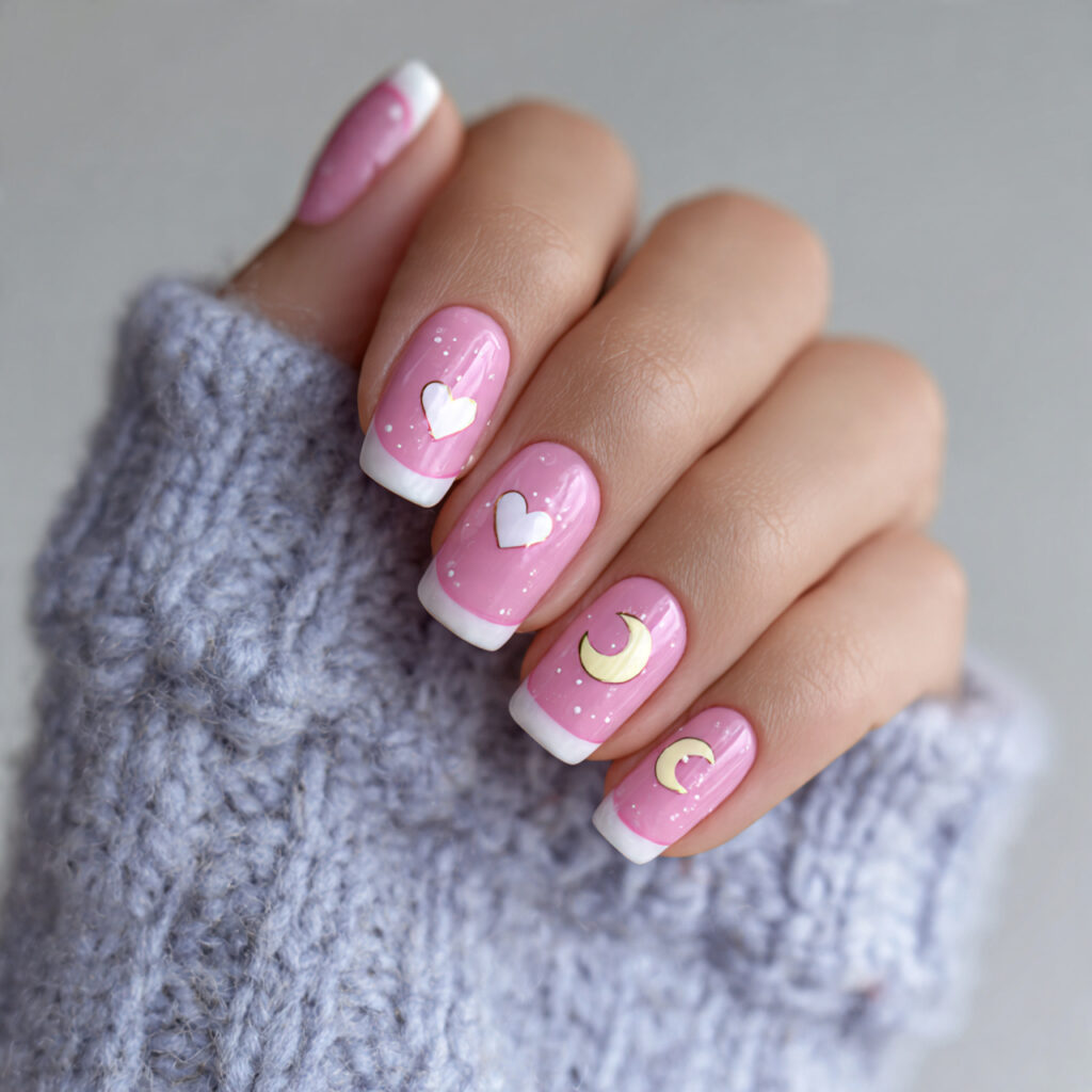a pink french manicure with heart moon