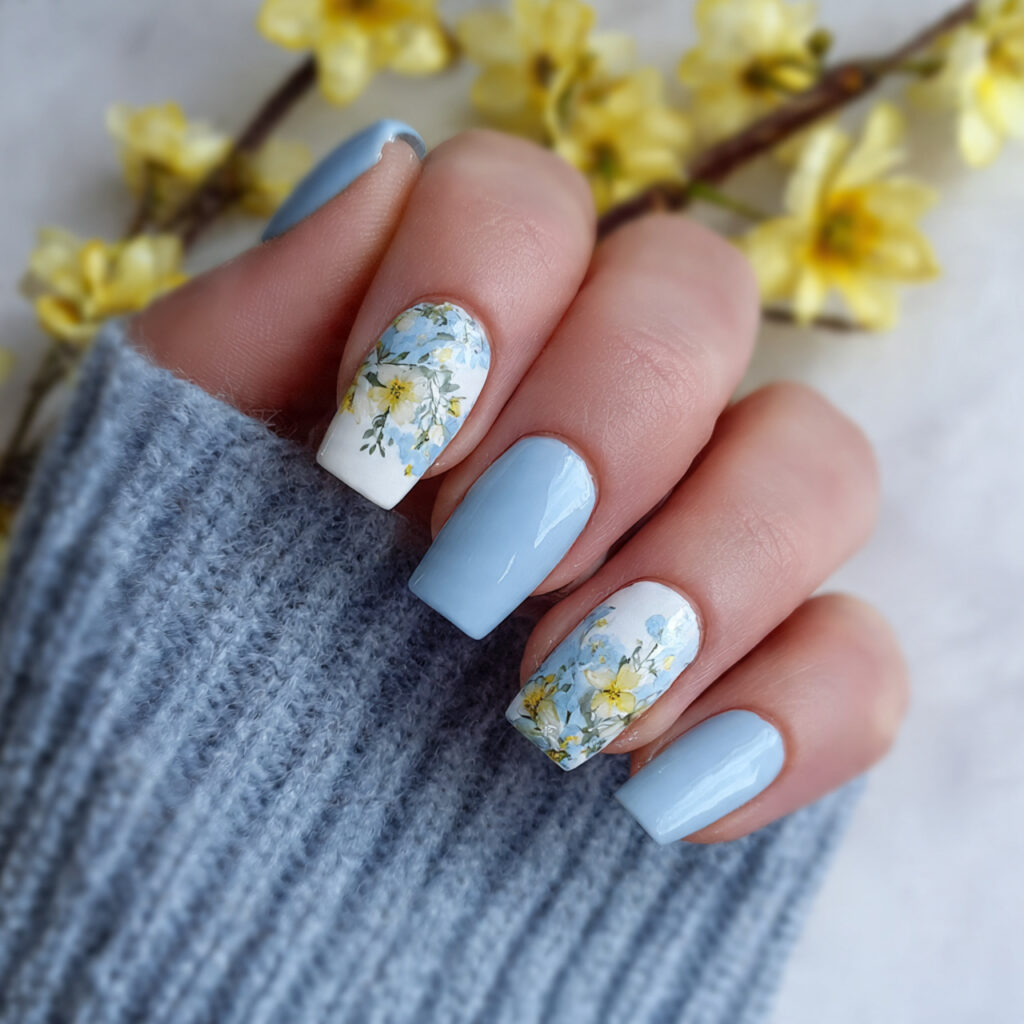 a spring manicure with powder blue nails