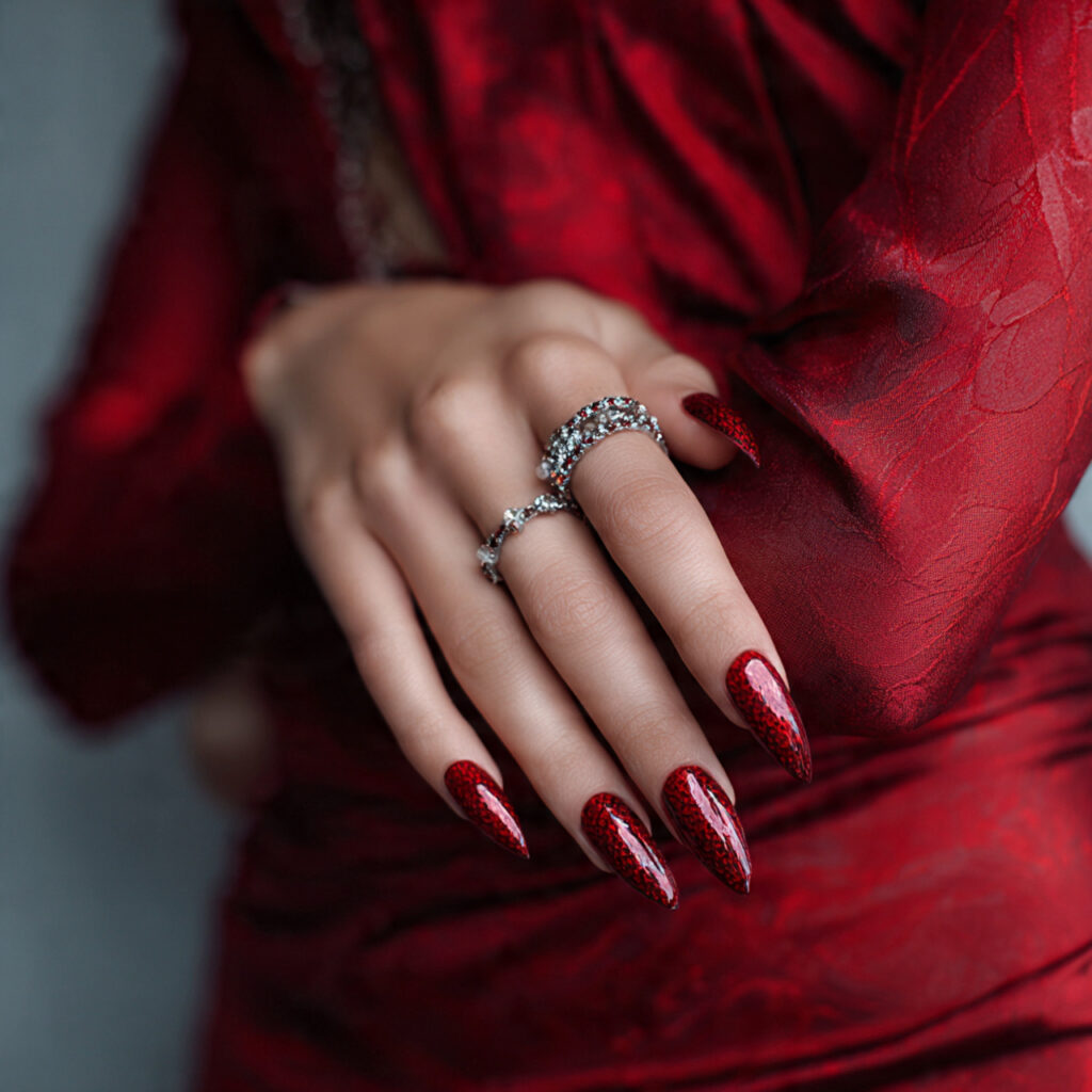 a woman with long nails wearing a