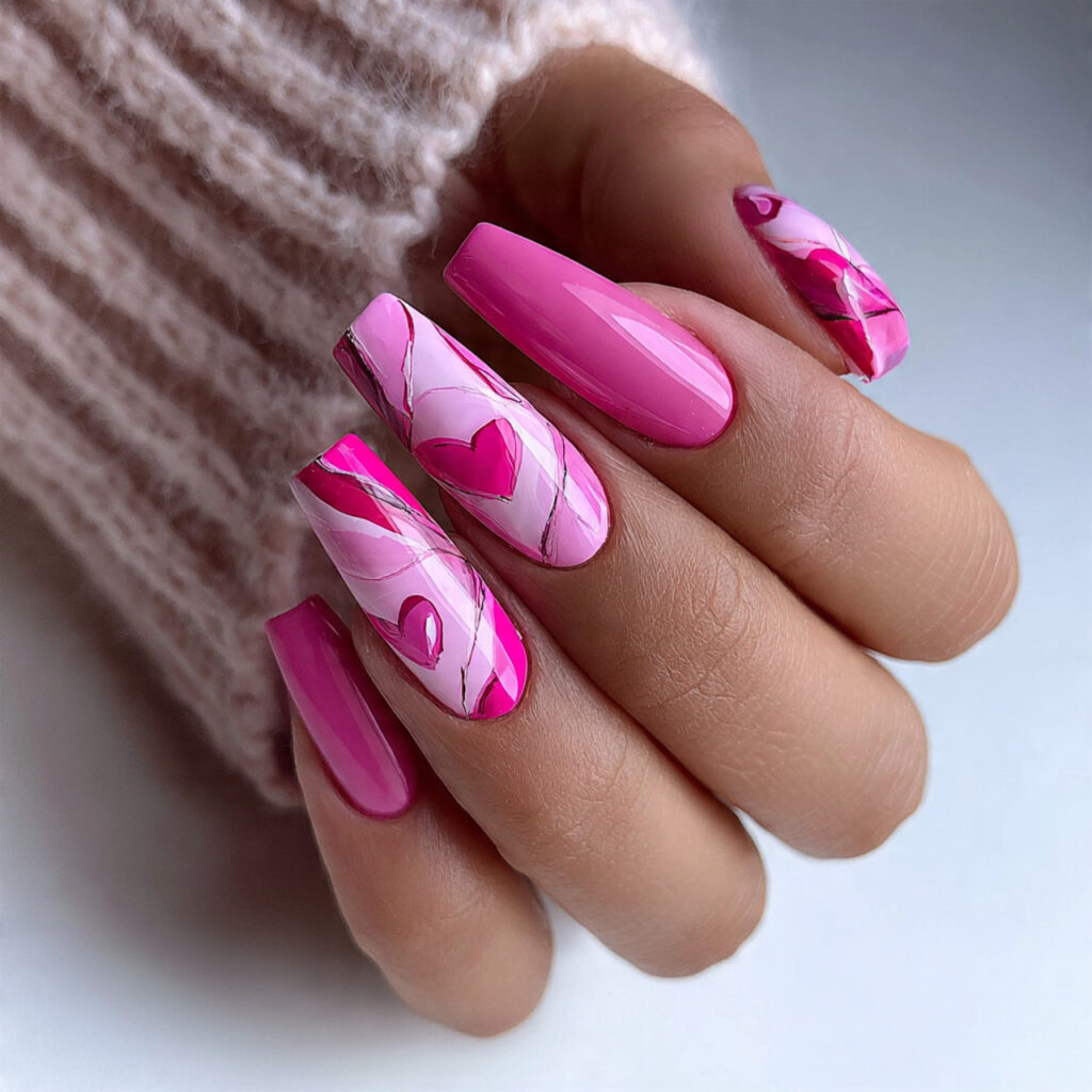abstract pink coffin valentine nails feel artistic
