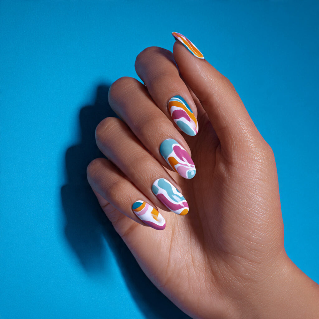 abstract swirl nails feature organic flowing patterns
