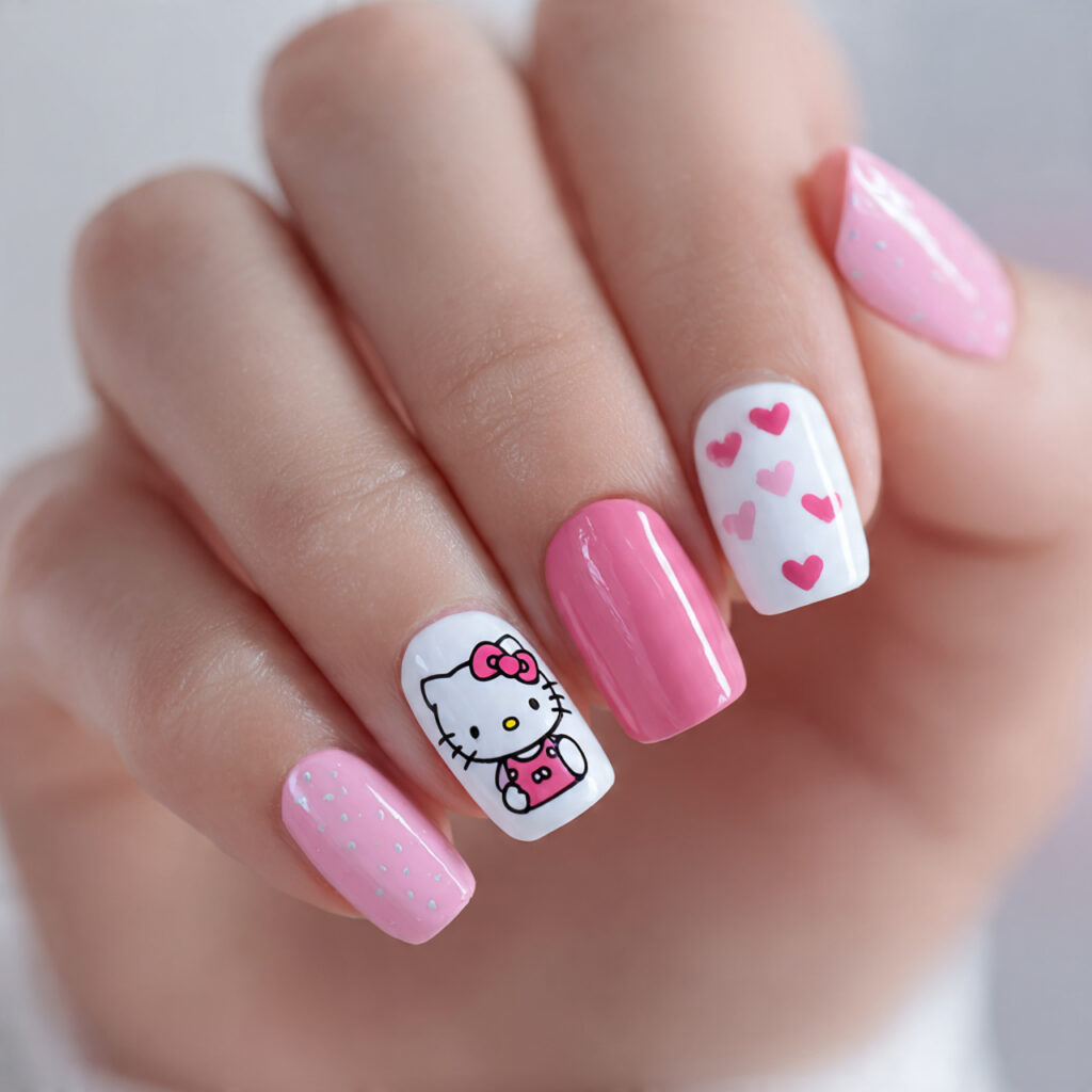 alternating pink and white nails with hello