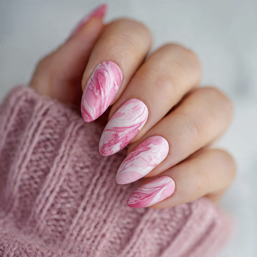 artistic valentine nails almond pink through swirled