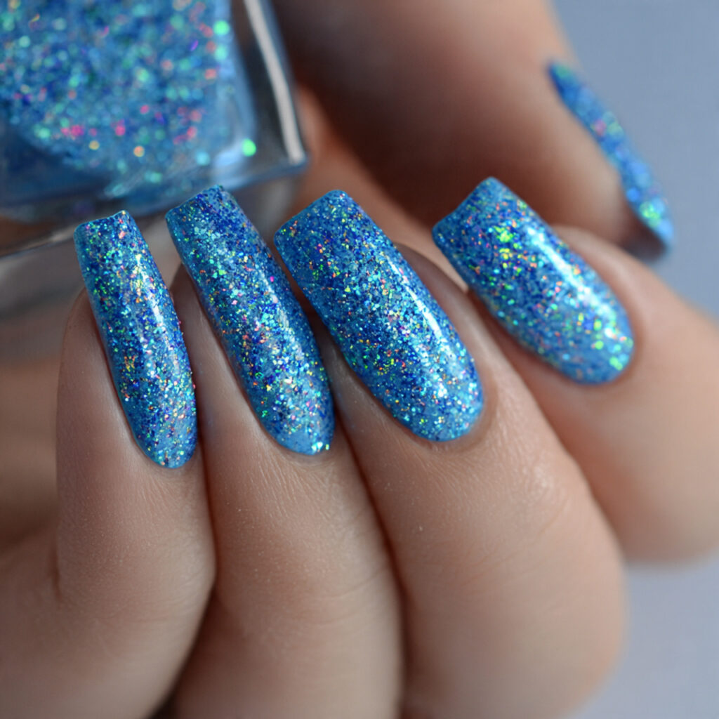 azure blue with holographic finish creates mesmerizing