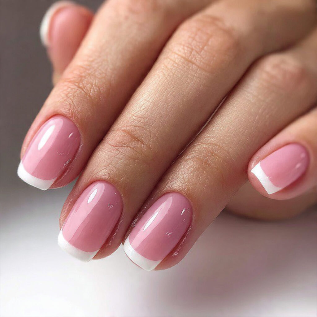 baby pink french tip short square nails
