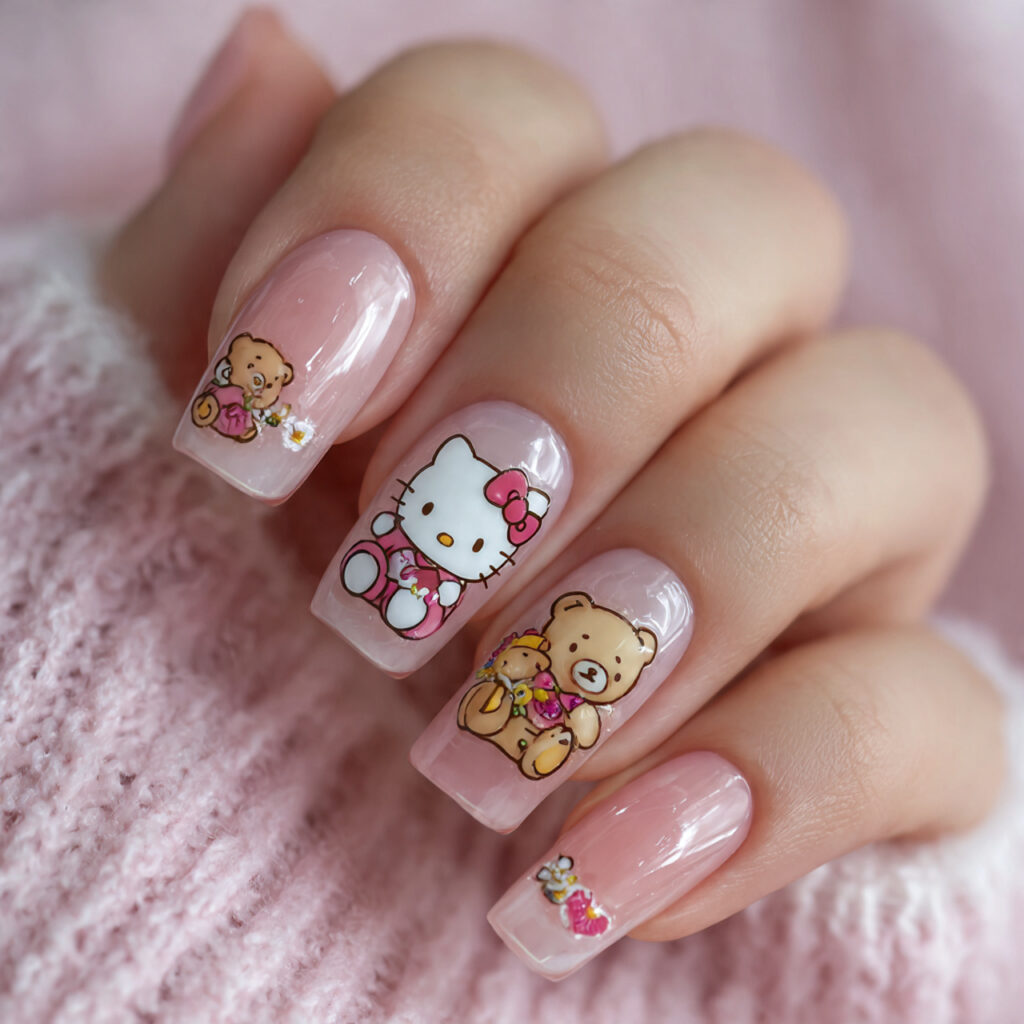 baby pink nails featuring hello kitty holding