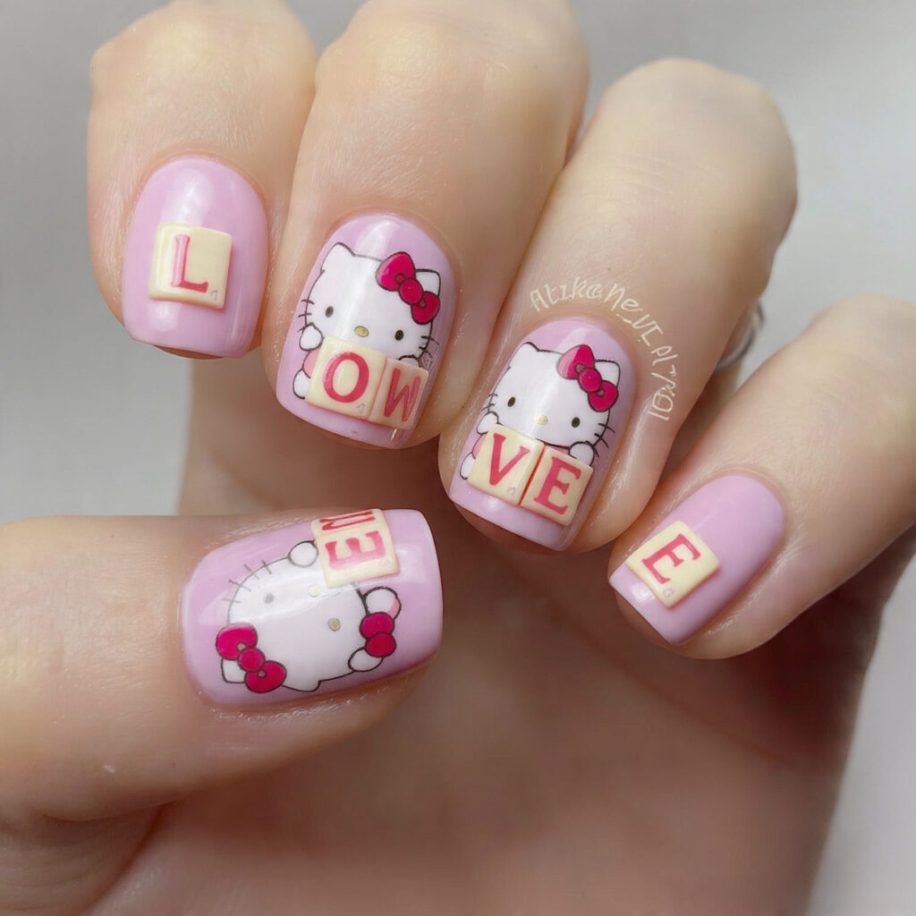 baby pink nails with hello kitty and