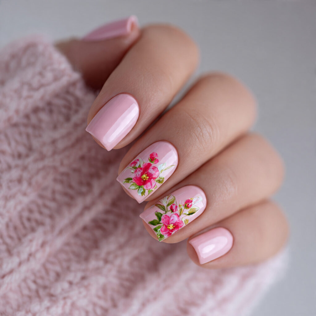 baby pink short nails with a pin