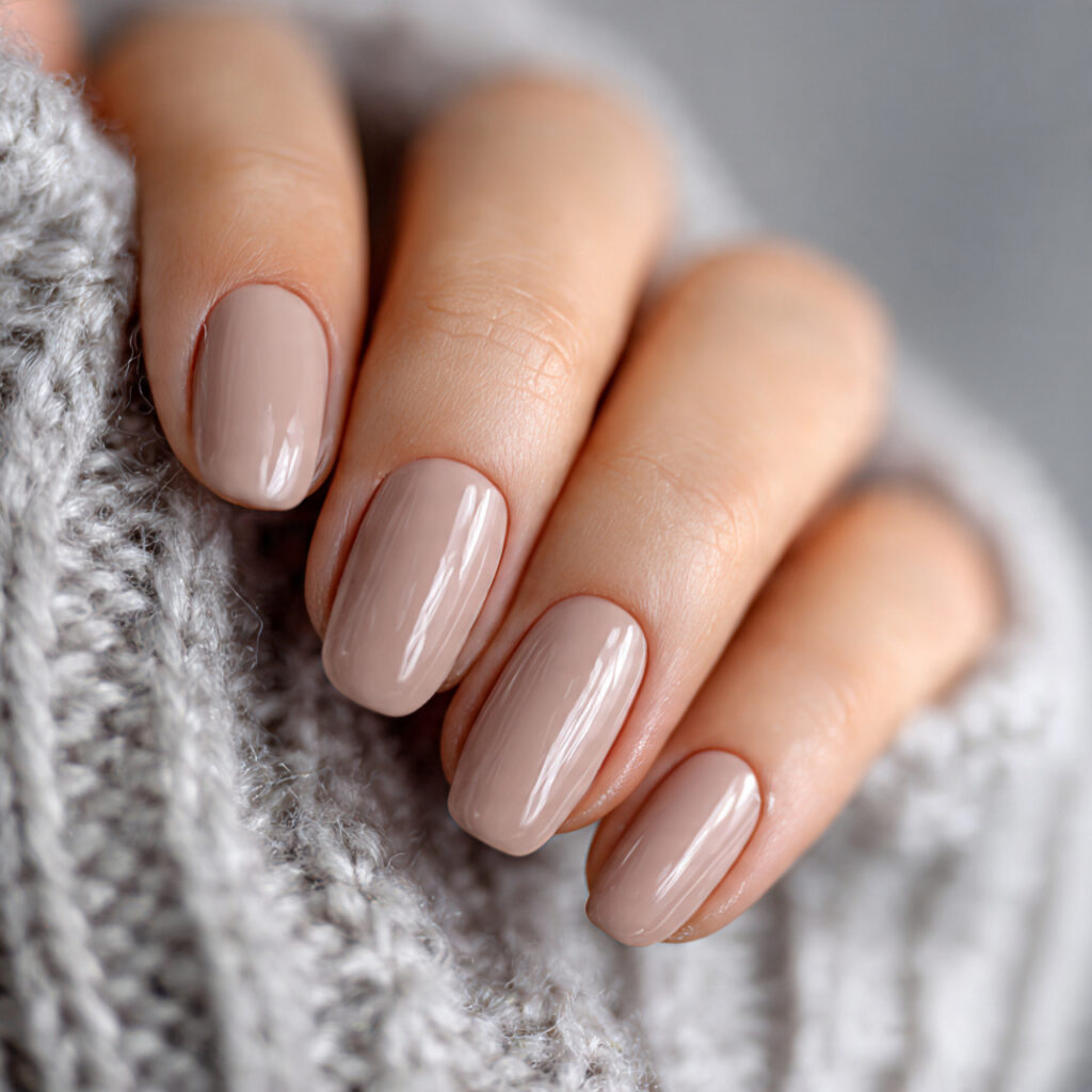 beige january nails with a glossy finish