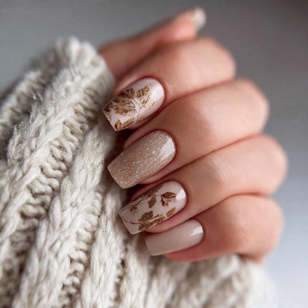 beige january nails with light brown accents