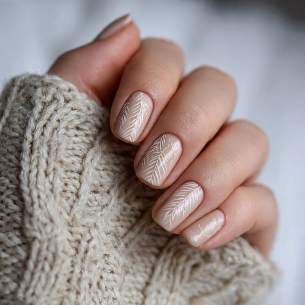 beige january nails with minimal line art