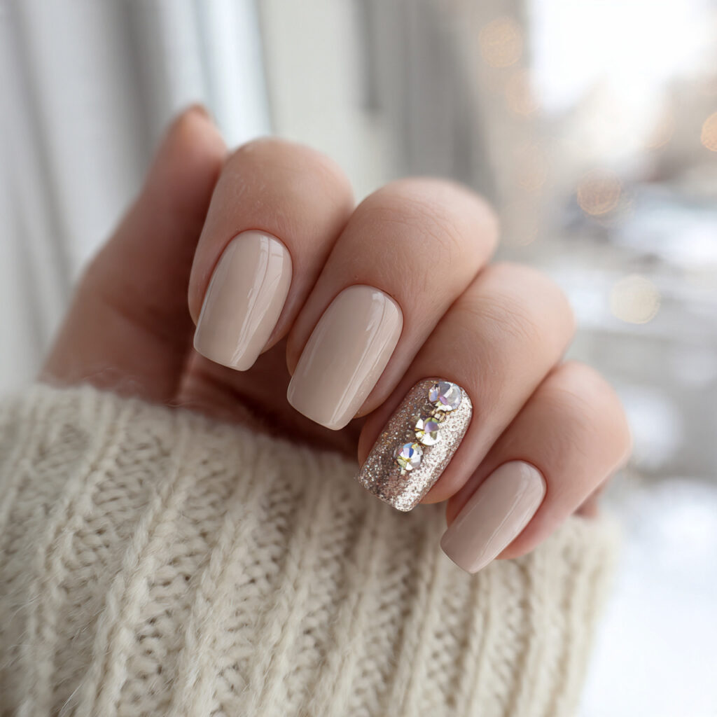 beige january nails with minimal rhinestones add