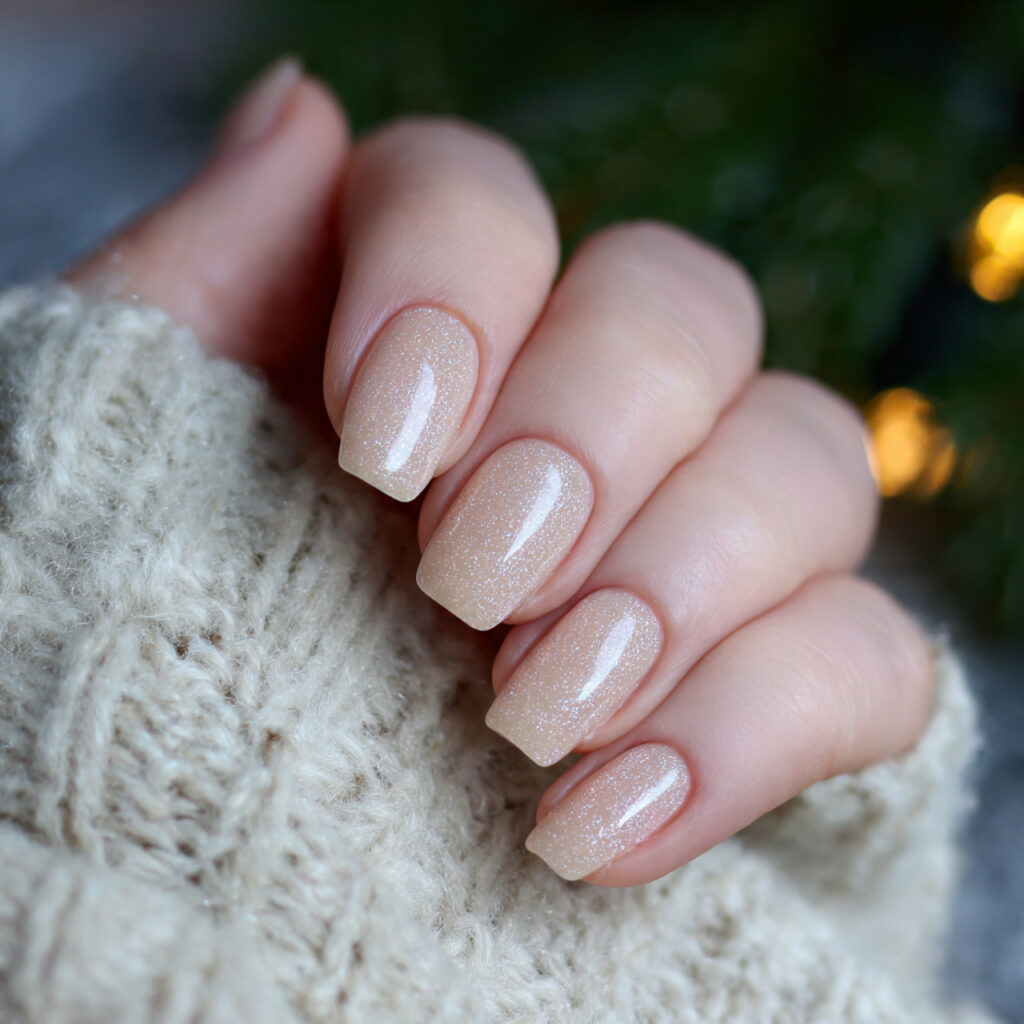 beige january nails with subtle shimmer add