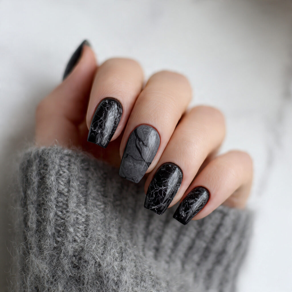 black and gray marble nails with strategic